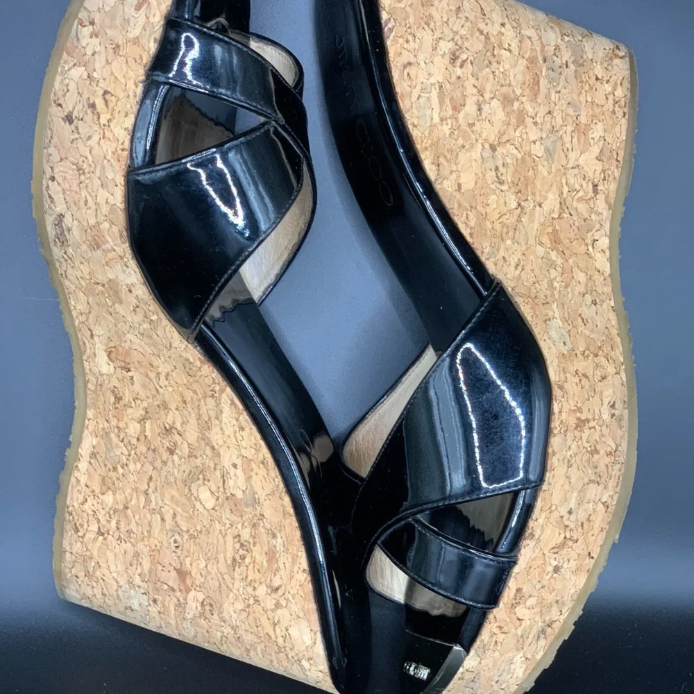 Jimmy Choo Black Patent Cork Wedge Sandals